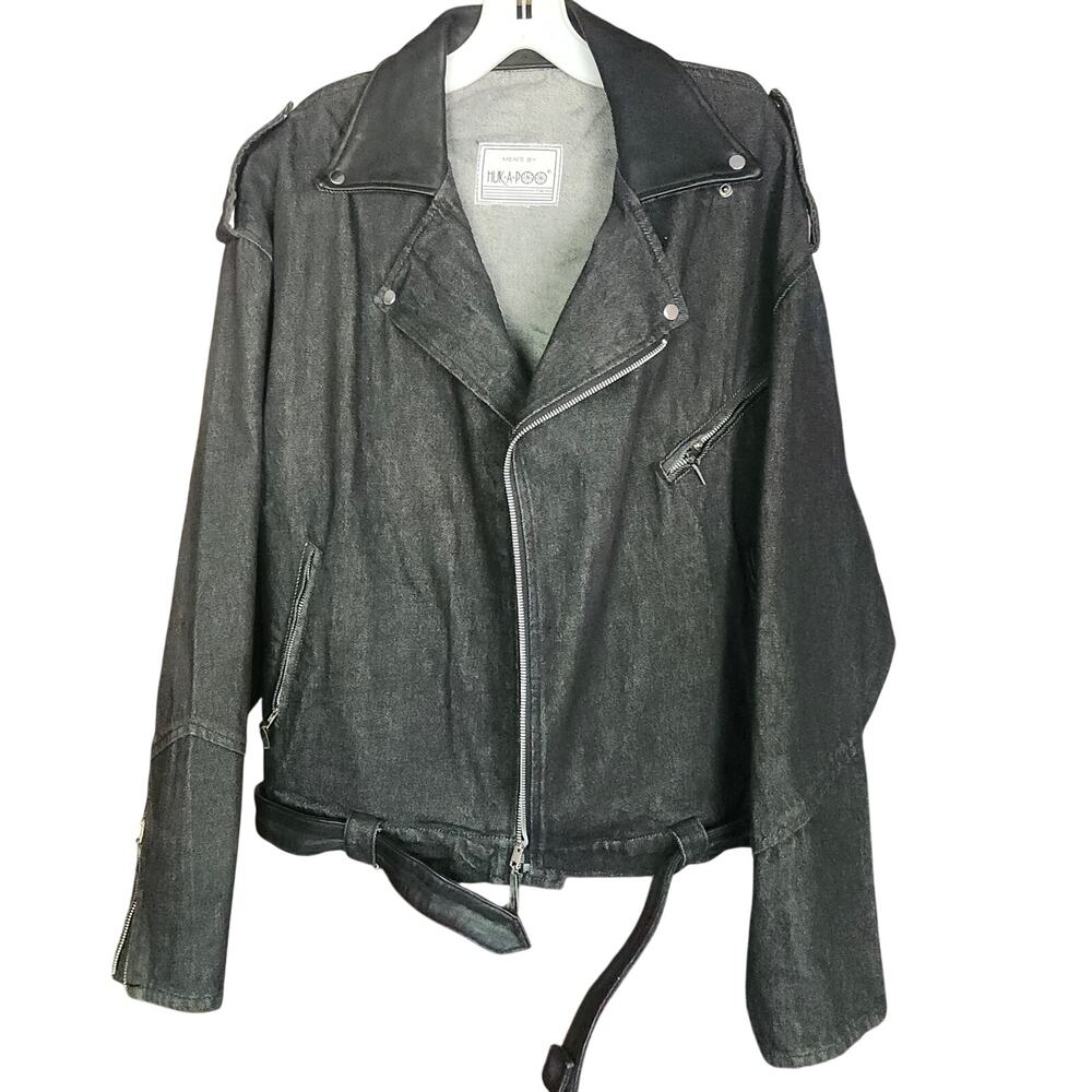 HUK.A.POO Vintage Jeans Jacket Men's Leather trimmed moto grunge RARE